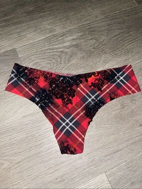 Victoria's Secret Red Plaid Seamless Thong with Black lace print detail
